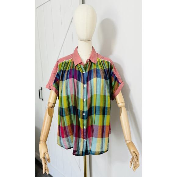 Sundance Catalog Size M Taza Shirt Top Colorful Plaid 100% Cotton Crochet Trim - Picture 1 of 8